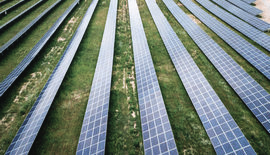 A row of solar panels in a field